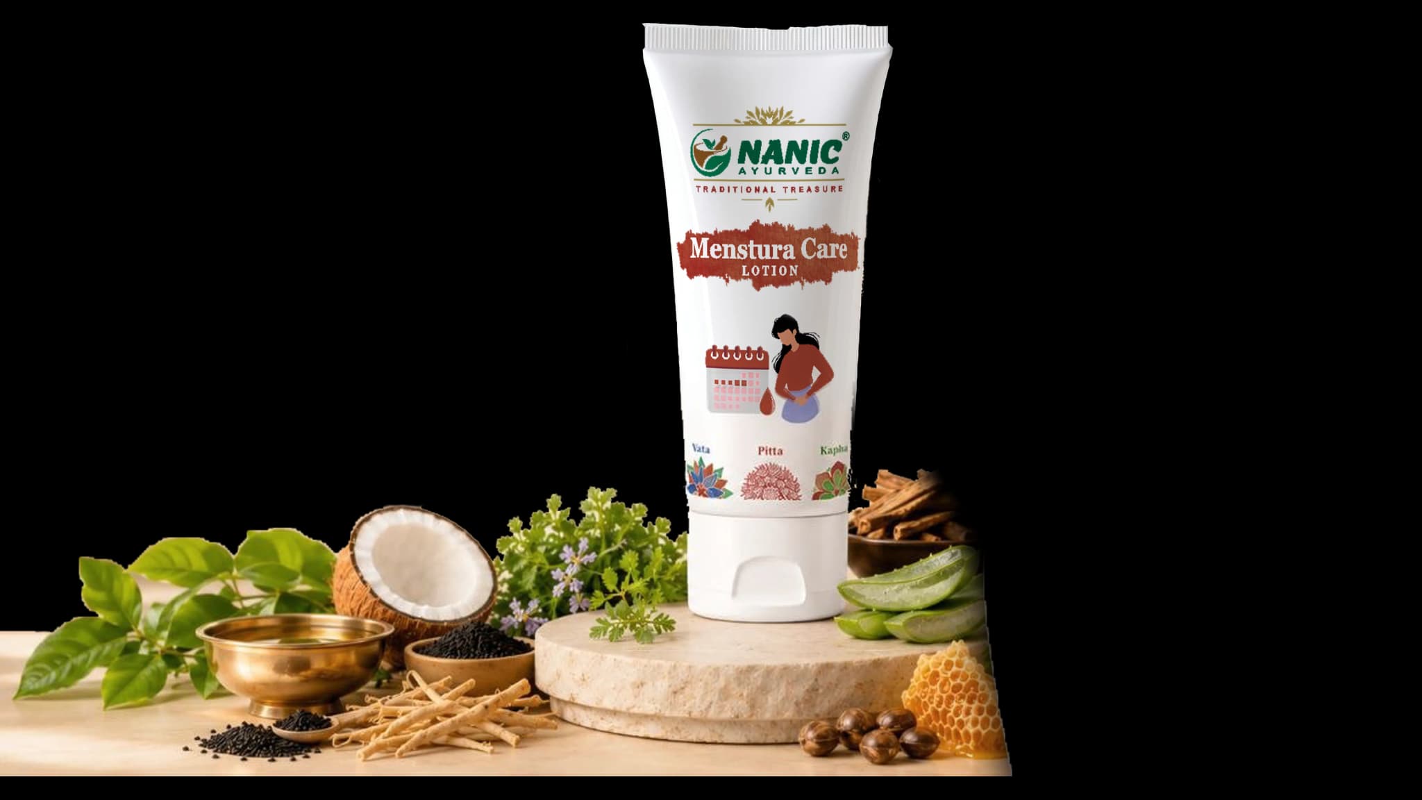 Menstura Care Lotion with its nine Ayurvedic ingredients